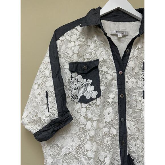 Badgley Mischka Blue White Lace Button Down Chambray Shirt Cowboy Carter Western - Picture 5 of 14